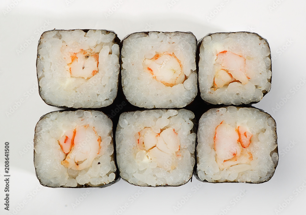 Rolls of Hosomaki with shrimp, top view, white background Rolls of Hosomaki with shrimp, top view, white background