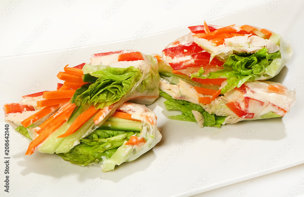 Pancakes with vegetables and chicken in rice paper Pancakes with vegetables and chicken in rice paper