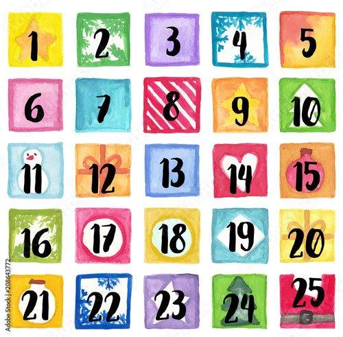 Vector illustration Christmas advent calendar of watercolor paint. Set watercolor elements
