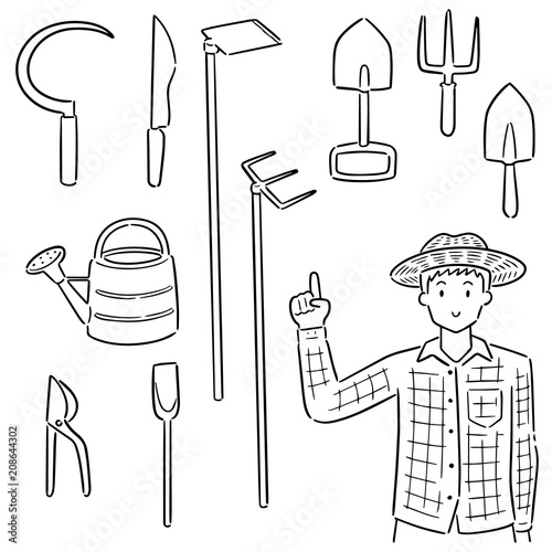 vector set of gardener and gardening equipment