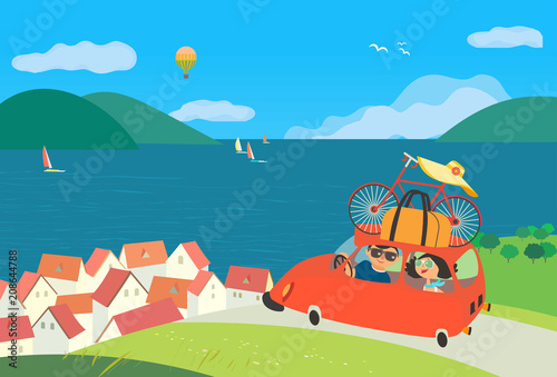 Travelling by car icon. Young happy travellers couple take a trip to sea beach journey. Summer vacation touring for beach fun and sport activity. Cute cartoon. Colorful humor vector illustration