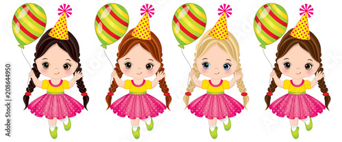 Vector Cute Little Girls with Balloons