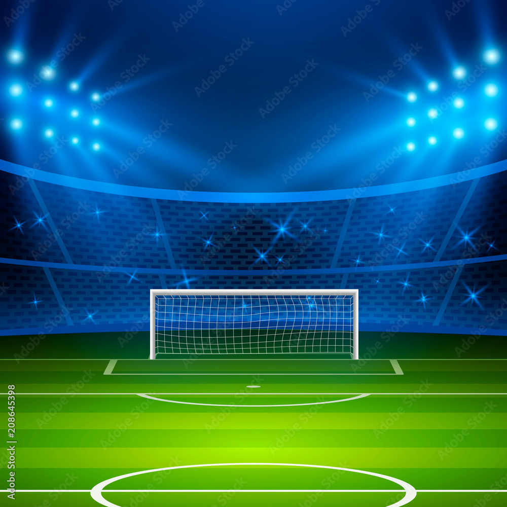 Soccer stadium. Football arena field with goal and bright stadium lights. Football World Cup. Vector illustration