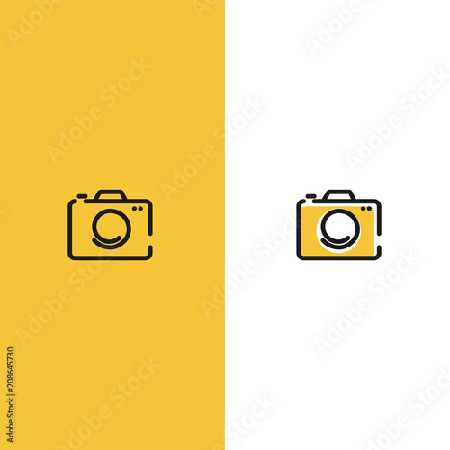 Creative logo with photo camera. Sign for the photographer. Black line with yellow background