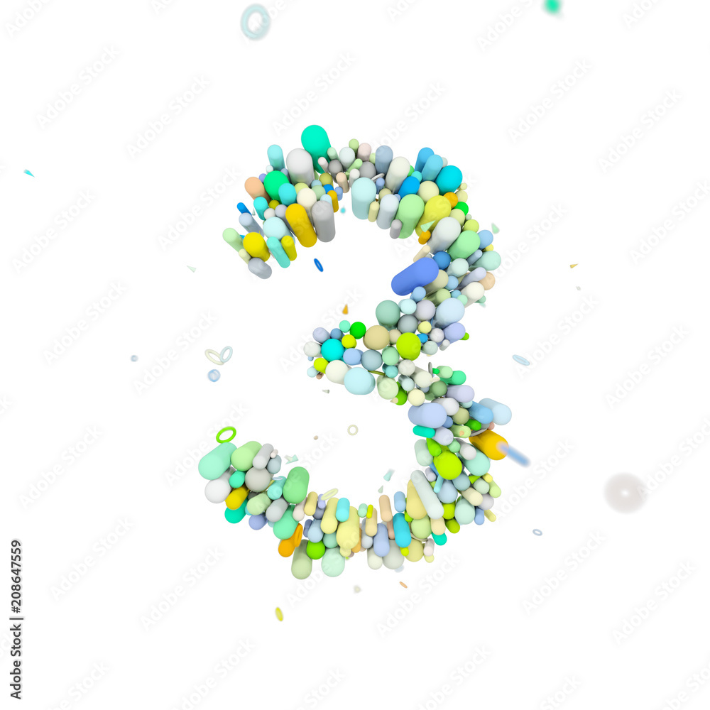 Alphabet number 3. Funny font made of plastic geometric shapes. 3D render isolated on white background.