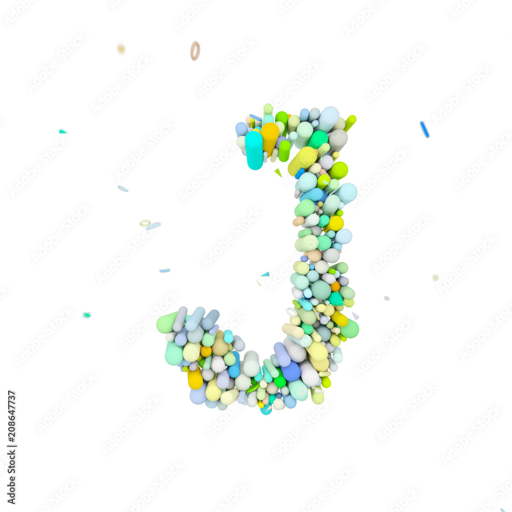 Alphabet letter J uppercase. Funny font made of plastic geometric shapes. 3D render isolated on white background.