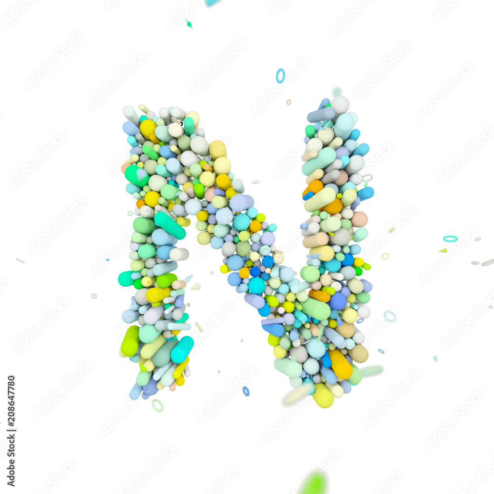 Alphabet letter N uppercase. Funny font made of plastic geometric shapes. 3D render isolated on white background.