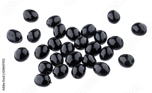 Heap of black olives isolated on white background with clipping path. Top view