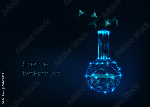 Scientific background with low poly wireframe beaker, tes tube and abstract tetrahedral structure compound.