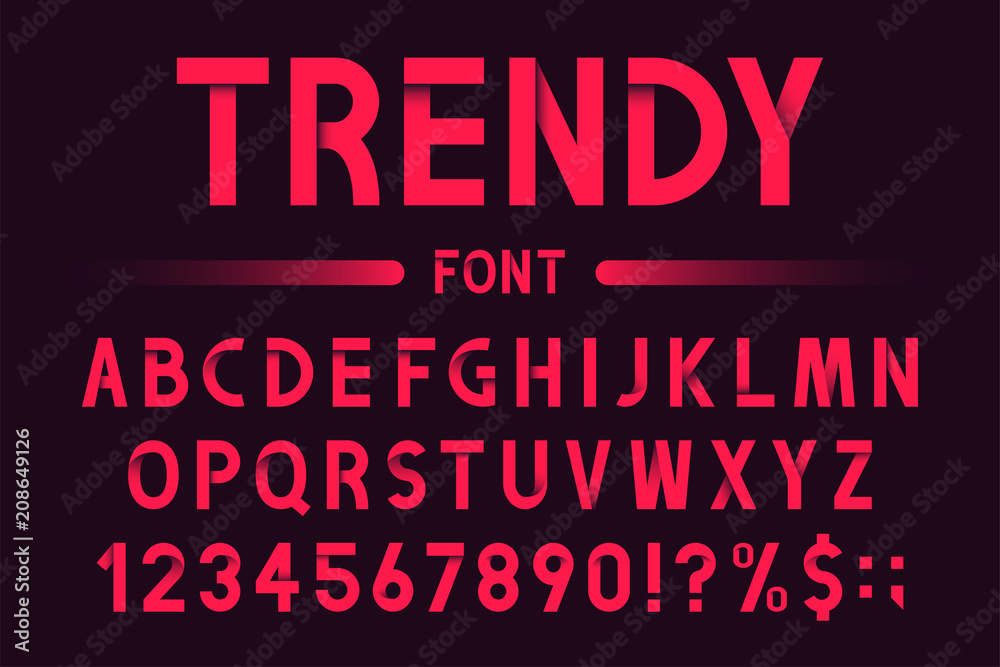 Modern and trendy font. Geometric alphabet and numbers with stylized shadows