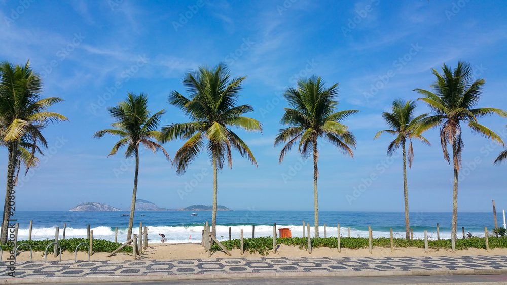 Coconut palms on Ipanema Beach with blue sky, Rio de Janeiro, Brazil.