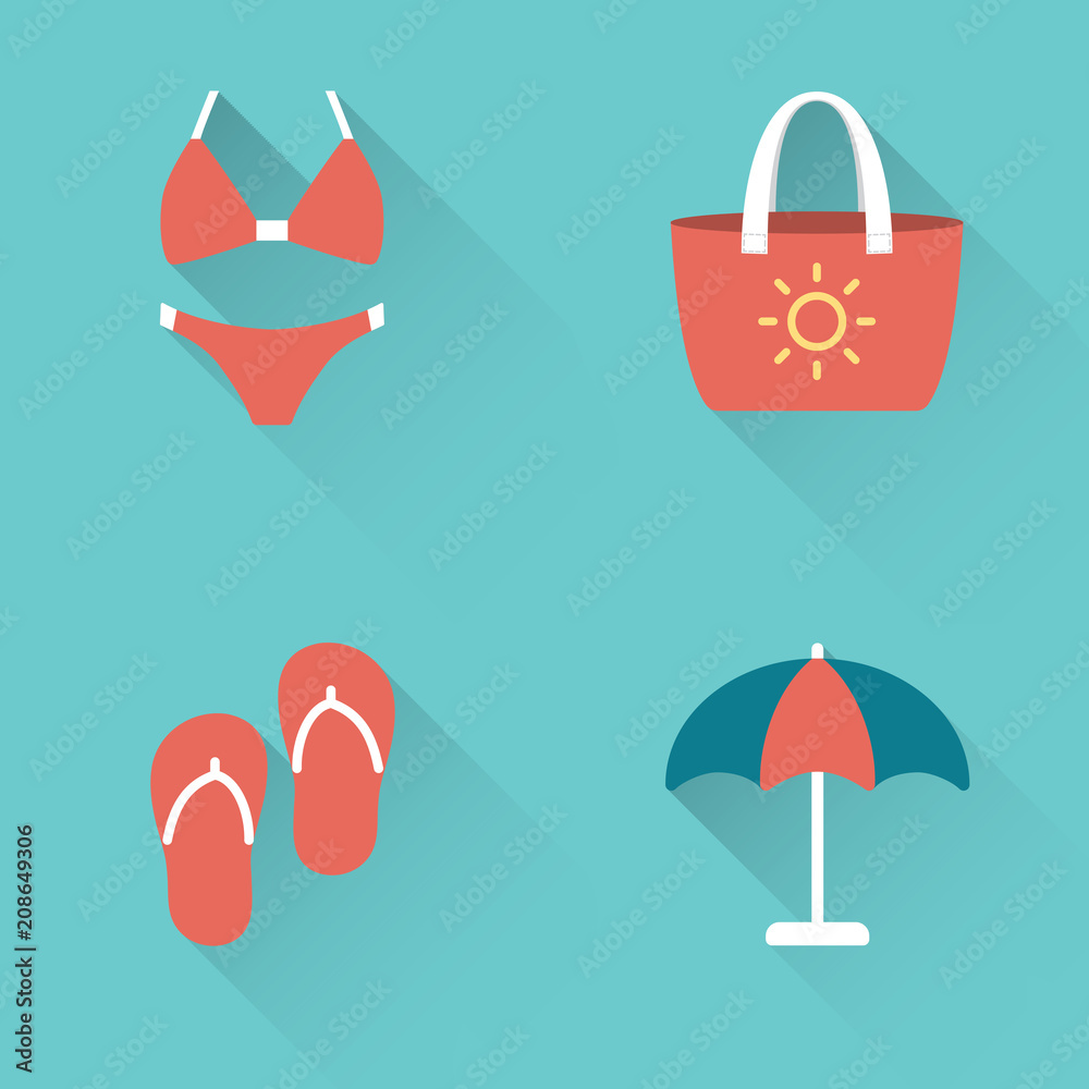 Flat beach holidays icons on blue background