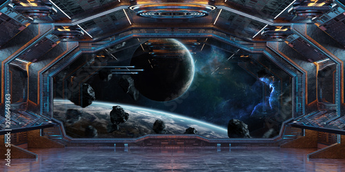 Fototapeta Naklejka Na Ścianę i Meble -  Grunge Spaceship interior with view on planet Earth 3D rendering