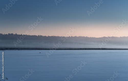 Beautiful winter landscape at sunset with fog and snow