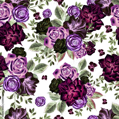 Bright watercolor flowers seamless pattern with roses, peony, petunia and but...