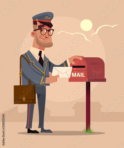 Happy smiling postman character put envelope letter in house mail box. Delivery service concept flat cartoon design graphic isolated illustration