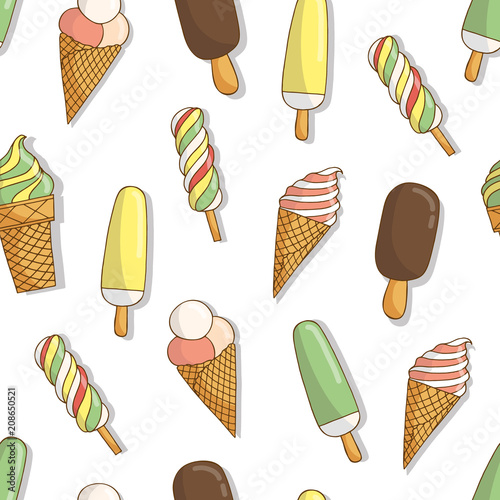 Colorful ice cream seamless pattern on white background.