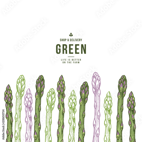 Fun asparagus organic market design template. Organic vegetables. Vector illustration