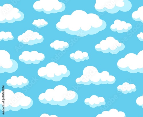 Cartoon sky pattern. Blue skyline vector seamless background with white nubes clouds for spring decoration wallpapers