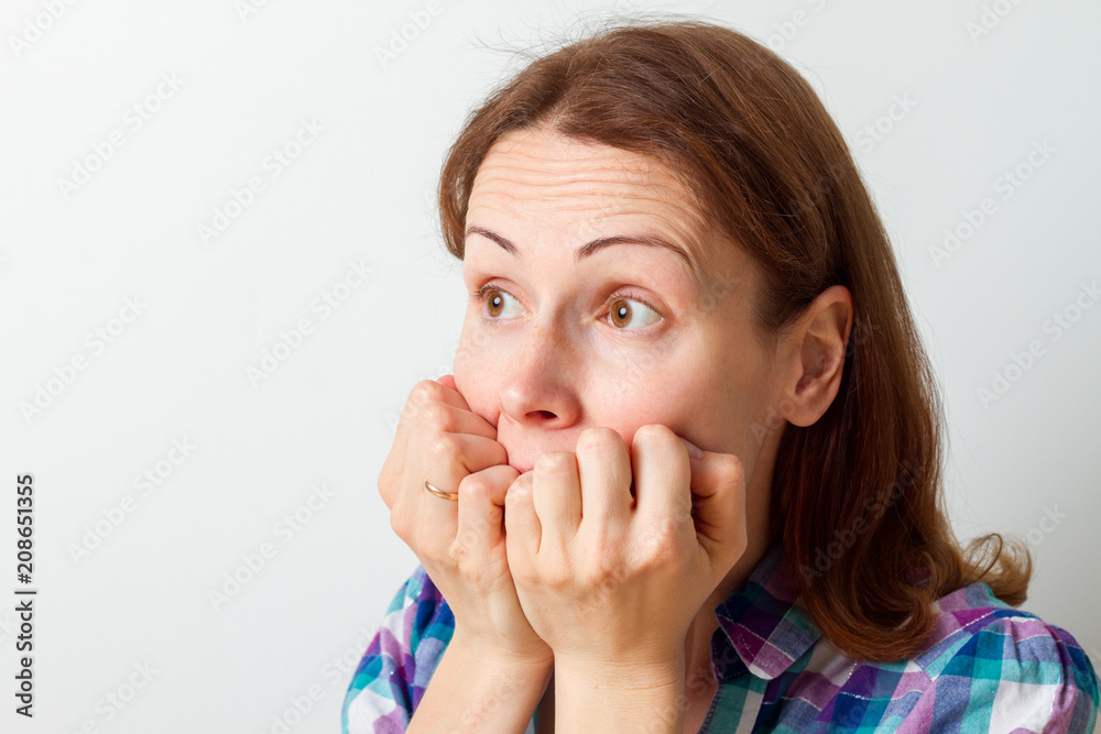 woman fear face. Isolated on white. woman fear face. Isolated on white.