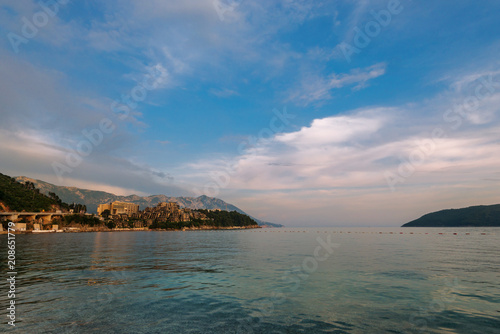 Sunset beach of Adriatic sea, Budva Riviera, Montenegro.