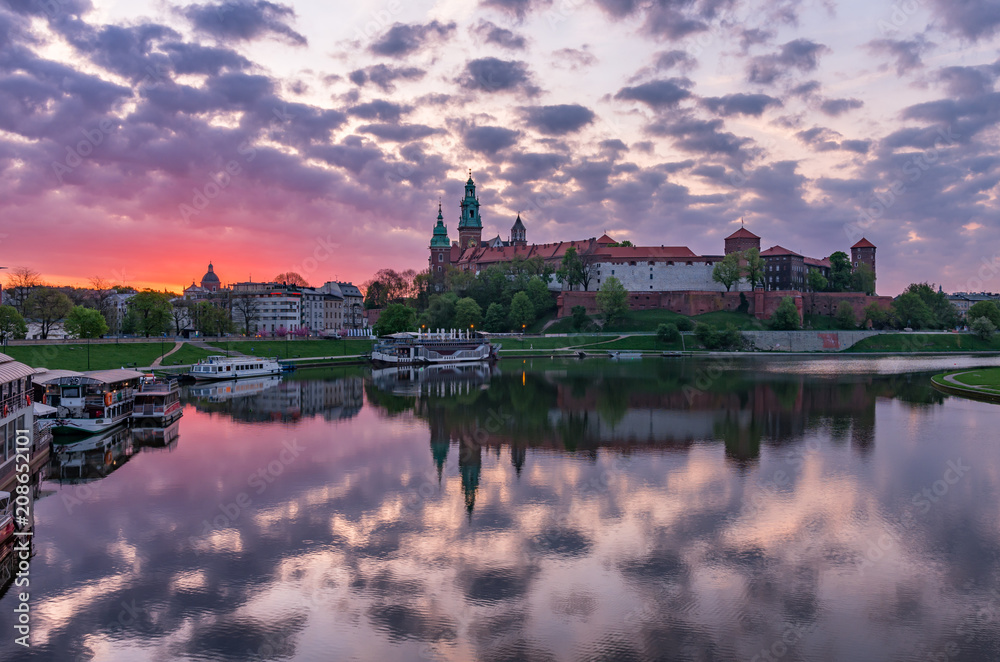 Wawel Castle in Krakow, Poland, seen from the Vistula boulevards in the colorful morning