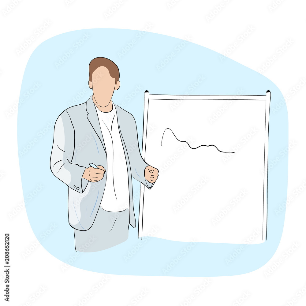 A man in business clothes holding a pointer and making presentation near whiteboard. Hand drawn cartoon. Reporting concept. Vector illustration. A man in business clothes holding a pointer and making presentation near whiteboard. Hand drawn cartoon. Reporting concept. Vector illustration.