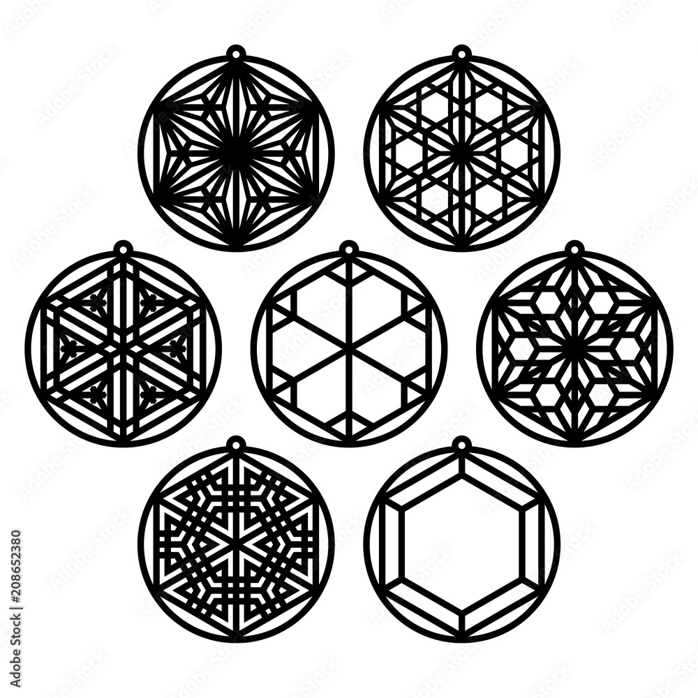 Set of seven traditional Japanese ornaments Kumiko in the form of Christmas balls.Suitable for laser cutting Set of seven traditional Japanese ornaments Kumiko in the form of Christmas balls.Suitable for laser cutting