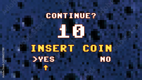 The request to insert a coin to continue playing (after a game over screen) on a pixelated blue bubbles screen. 8-bit retro style, high glowing aura. 