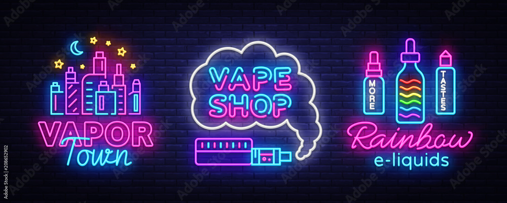 Vape shop neon sign collection vector. Vaping Store Logos set Emblem Neon, Its Vape Shop Concept Vapor Town, Rainbow E-liquids, Fighting Smoking. Trendy designer elements for advertising. Vector