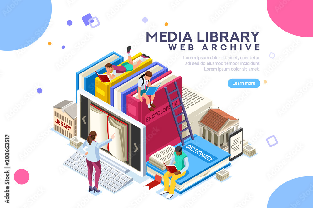 Dictionary, library of encyclopedia or web archive. Technology and literature, digital culture on media library. Clipart sticker icon for web banner. Flat isometric people images, vector illustration.