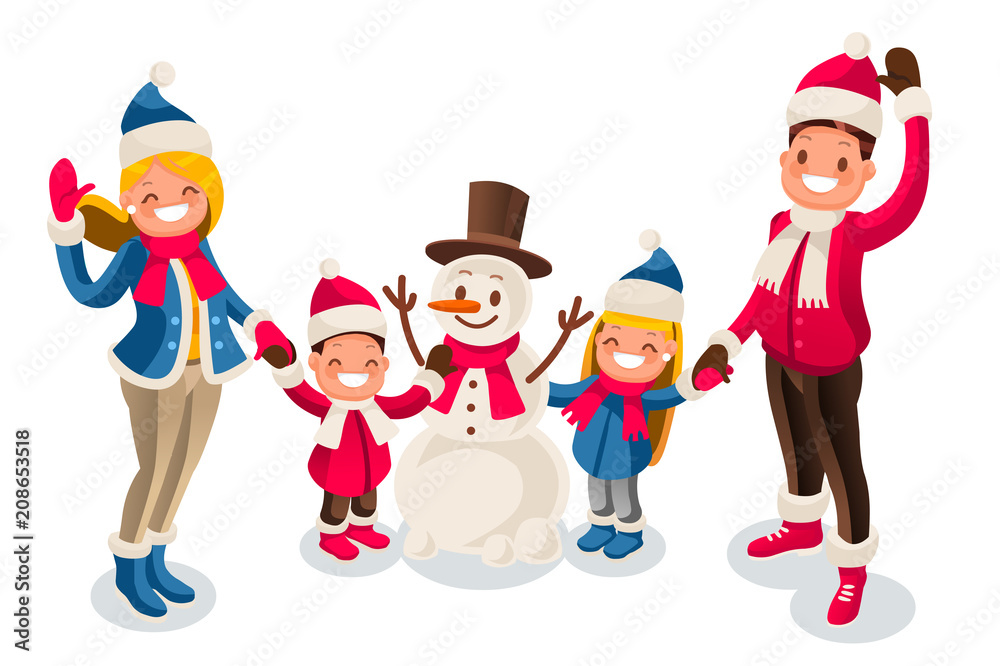 Merry Christmas card with snowman. Happy new year illustration. Family of isometric people cartoon. Winter flat vector design. Merry Christmas card with snowman. Happy new year illustration. Family of isometric people cartoon. Winter flat vector design.