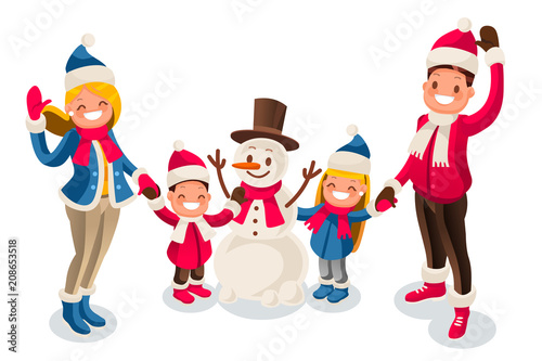 Merry Christmas card with snowman. Happy new year illustration. Family of isometric people cartoon. Winter flat vector design.