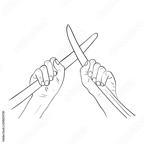 Hands breaking up a fight by taking apart sword blades. Cartoon vector illustration. Hands holding crossed swords.