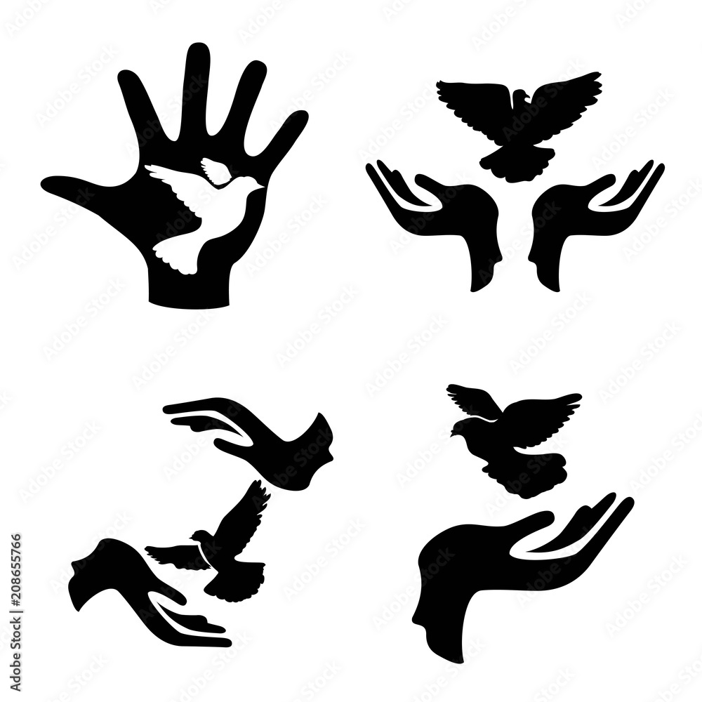 hands with pigeon icons set hands with pigeon icons set