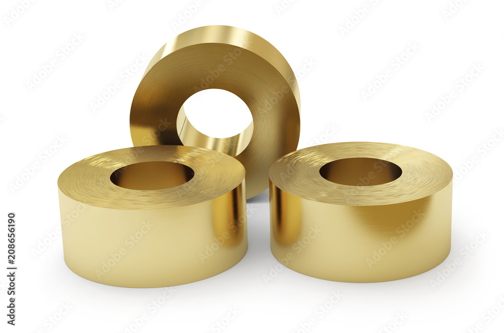 Brass sheets in rolls, rolled metal products. Isolated on white background. 