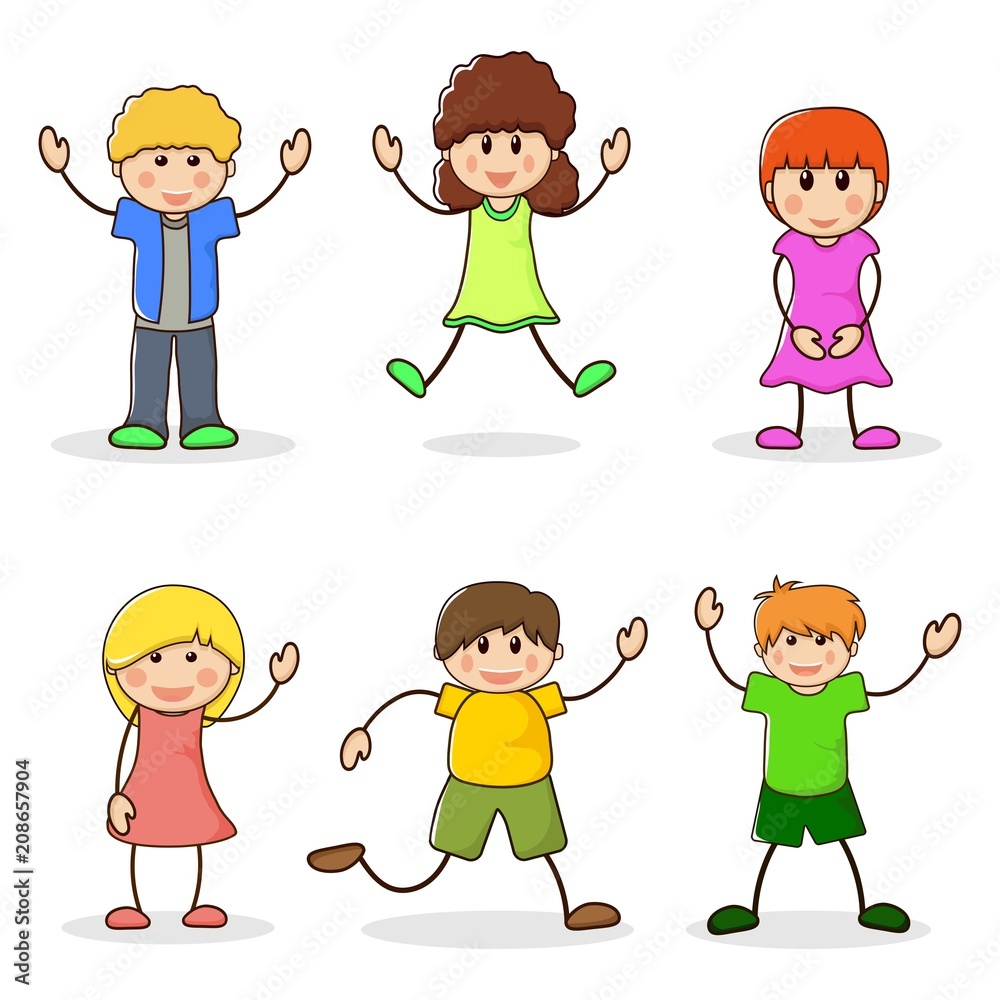 Happy girls and boys. Set of cartoon characters kids. Cute teenagers laughing. School children line style. Cute schoolchild. Vector illustration Happy girls and boys. Set of cartoon characters kids. Cute teenagers laughing. School children line style. Cute schoolchild. Vector illustration