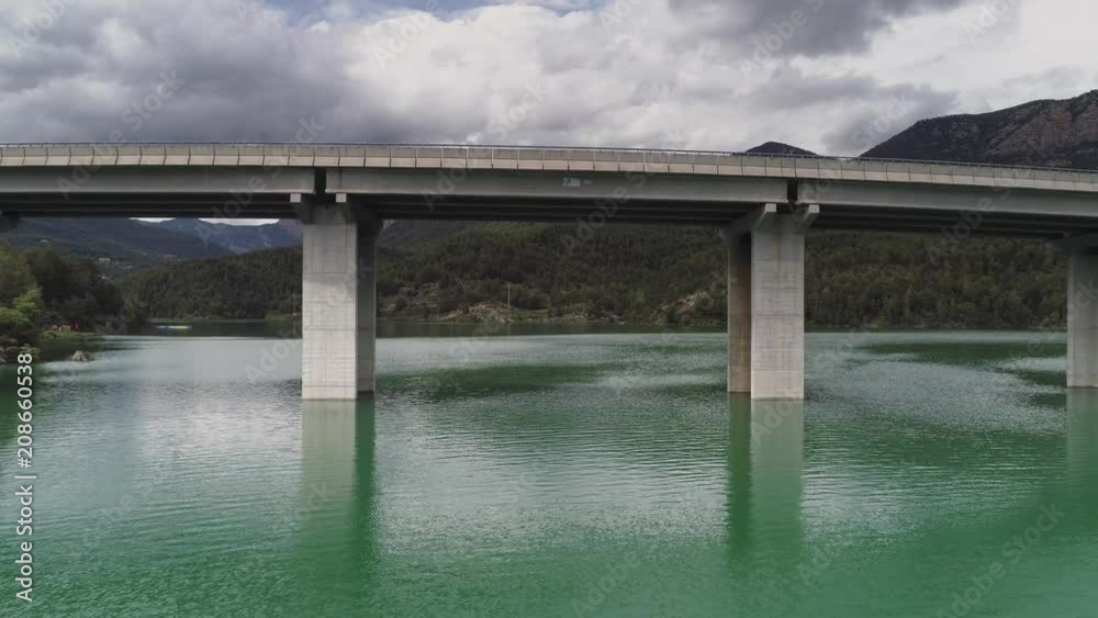 Aerial view of bridge over water reservoir in LLosa del Cavall LLeida Catalonia Spain Aerial view of bridge over water reservoir in LLosa del Cavall LLeida Catalonia Spain