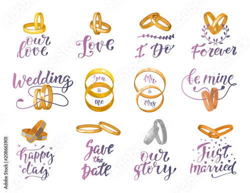 Wedding sign and rings vector quote text or wed lettering with weddingrings and textual calligraphy for marriage invitation or card for bridal celebration citate isolated on background illustration
