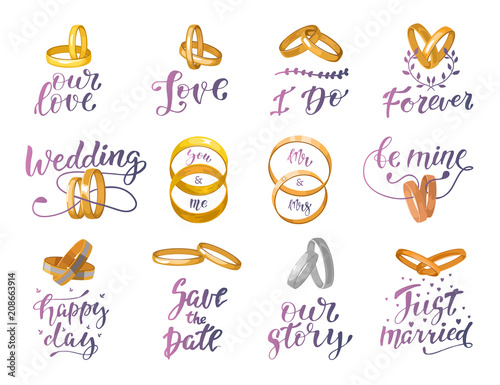 Wedding sign and rings quote text or wed lettering with weddingrings and textual calligraphy for marriage invitation or card for bridal celebration citate isolated on background illustration photo