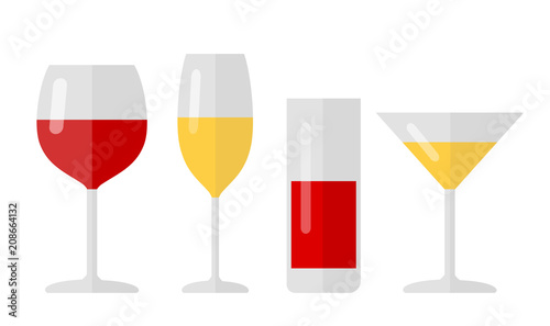vector flat glassware illustration for drinks: glasses with wine and mors, juice, champagne, martini