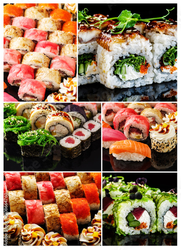 Japanese food. Collage of different sets of sushi