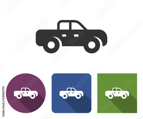 Pickup truck icon in different variants with long shadow