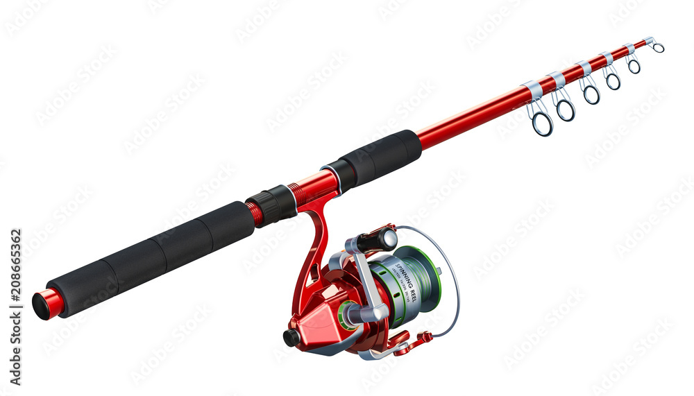 Fishing rod with spinning, 3D rendering - obrazy, fototapety, plakaty 