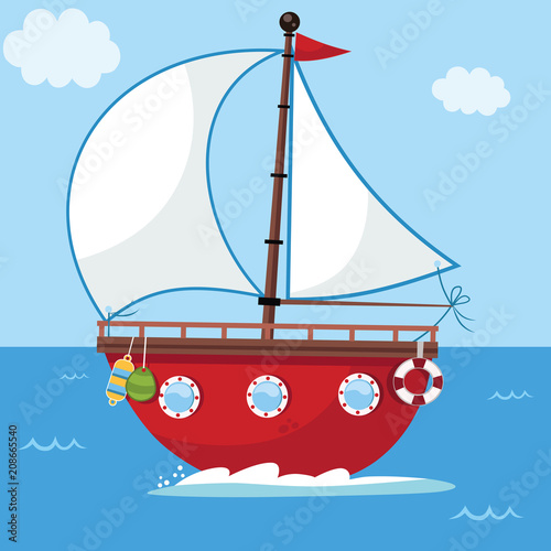 Vector illustration of a cartoon sailing boat. 