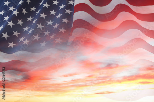 America USA stars and stripes flag in sunny sunrise sky