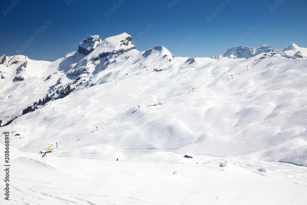 Swiss Alps covered by fresh new snow seen from Hoch-Ybrig ski resort, Central Switzerland, Europe