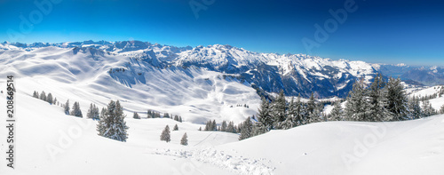 Swiss Alps covered by fresh new snow seen from Hoch-Ybrig ski resort, Central Switzerland