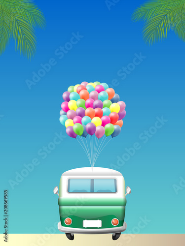 Retro camper van with colorful balloons parked on the beach - rear view