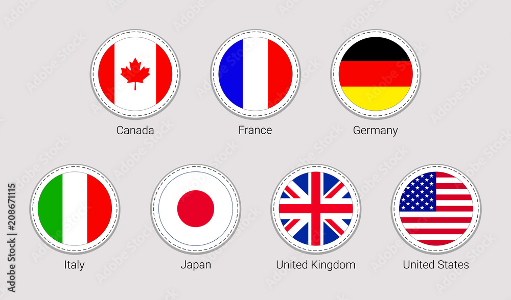 The Group of Seven flags stickers. Round icons. G7 flag with members  countries names. Vector Canada, France, Germany, Italy, Japan, United  Kingdom, United States simple badges. Circle geometric shapes Stock Vector